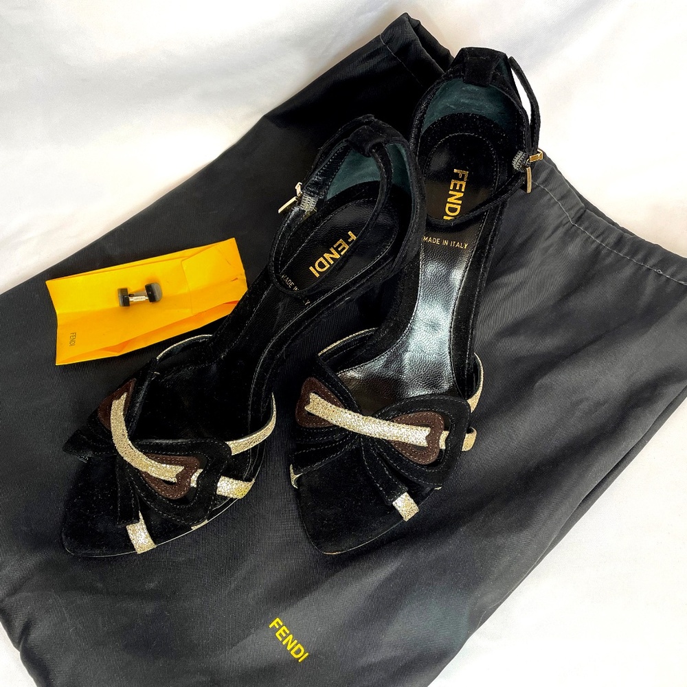 Fendi Black Suede Heeled Sandals – Ankle Strap – Size 36 – Like New